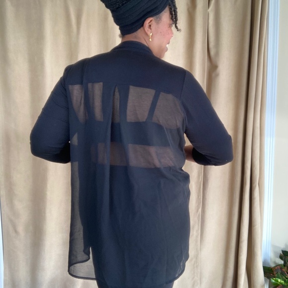 August Silk Woman Cardigan, Sheer Back, Black, 3/4 Ruched Sleeves, Size 1X - Picture 10 of 16